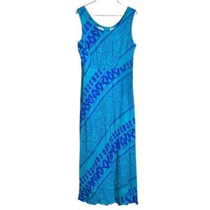 VTG 80s 90s Karin Stevens 100% rayon blue teal abstract stripe maxi dress Size 8